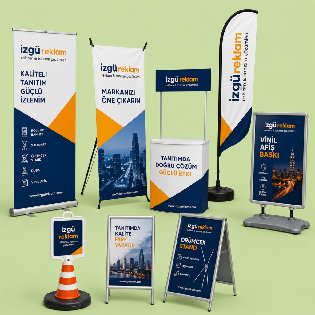 Logo Baskılı Display Ürünleri | Roll Up, X Banner, Örümcek Stand, Duba ve Vinil Afiş | İzgü Promosyon